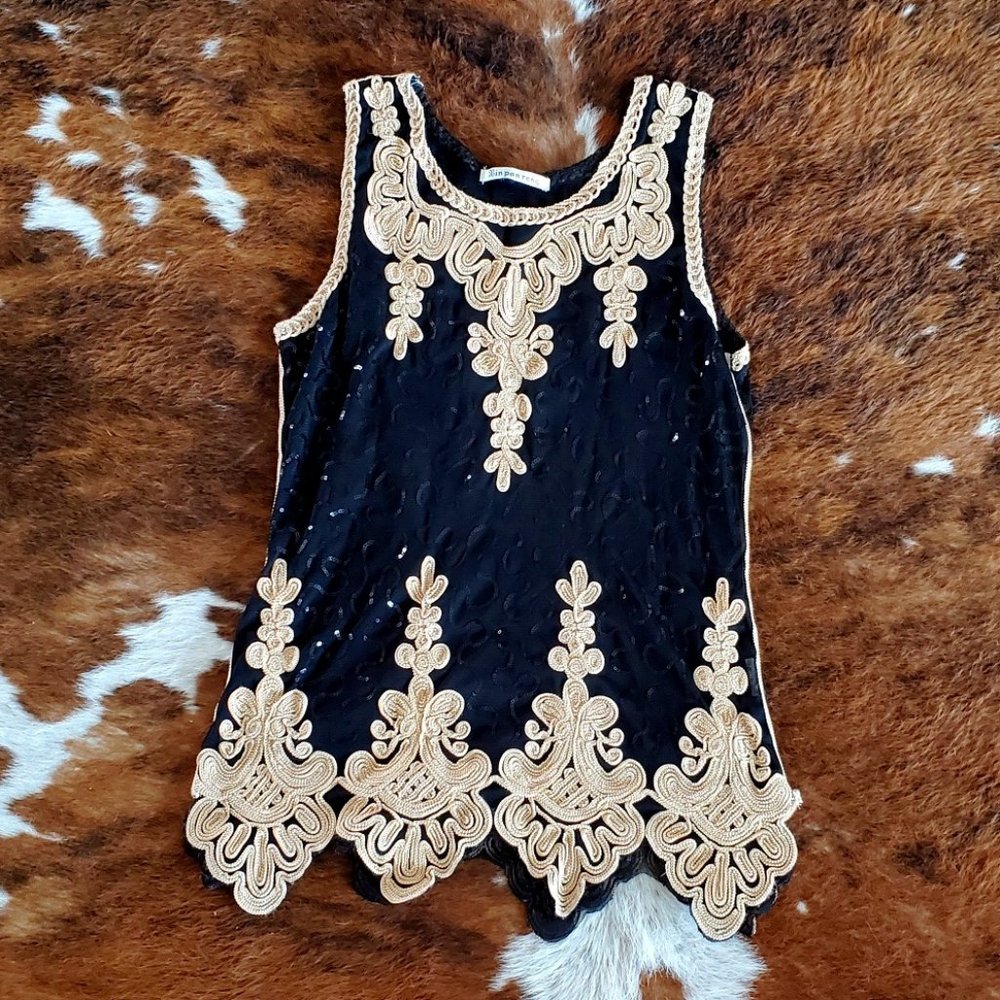 Black and Gold Sequined Tank Top by Xin Pan Rong